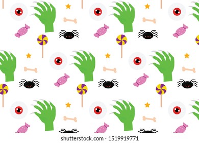 Halloween pattern background with pumpkin, autumn leaf, skull, spider, spooky, ghost, night moon, hand monster