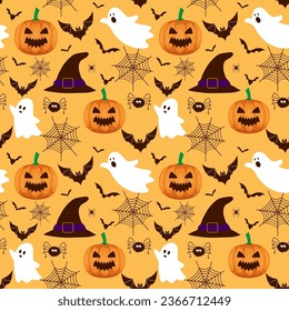 Halloween pattern background with pumpkin illustration and witch hats