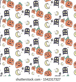 Halloween pattern \ background texture made of pumpkin, ghost, moon & stars