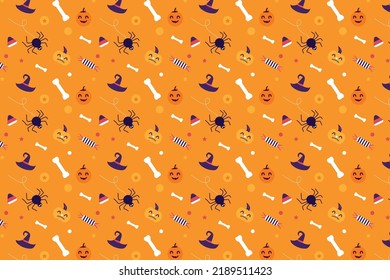 Halloween pattern background vector with scary pumpkins and human bones. Halloween spooky pattern decoration for book covers, wallpapers, and bed sheets. Halloween endless pattern on orange background