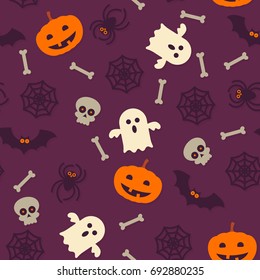 Halloween pattern background. Vector seamless cartoon orange pumpkin lantern, ghost or skeleton skull and black bat or spider web for Halloween party design.