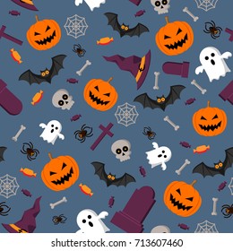 Halloween pattern background. Vector seamless cartoon orange pumpkin or witch hat, ghost or skeleton skull and black bat on cross tombstone graveyard and spider web for Halloween party design