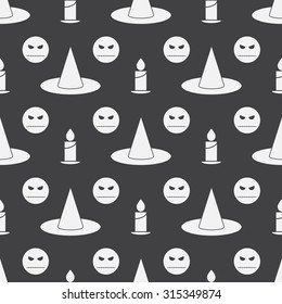 Halloween pattern background with witch hat, evil face and burning candle. Mystic endless pattern on scary story or horror magic tale theme.