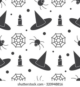 Halloween pattern background with witch hat, burning candle, web and angry spider. Mystic endless pattern on scary story or horror magic tale concept.