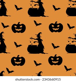 Halloween, pattern, banner, flyer, invitation, witch with vat, pumpkin, bats silhouette. gift wrapping, all saints day. autumn festival, october. patterns on orange background