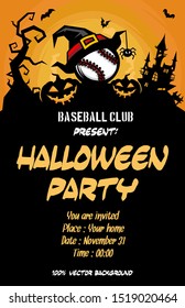  Halloween pattern. Baseball ball with witch hat, pumpkins, flying bats, tree and castle on the background of the moon. Pattern for banner, poster, greeting card, party invitation. Vector illustration