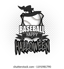 Halloween pattern. Baseball logo template design. Baseball ball with witch hat. Pattern for banner, poster, greeting card, party invitation. Vector illustration