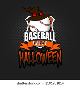 Halloween pattern. Baseball logo template design. Baseball ball with witch hat. Pattern for banner, poster, greeting card, party invitation. Vector illustration