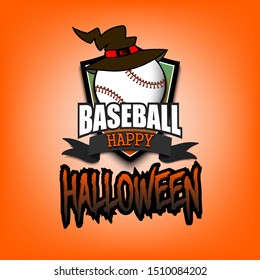 Halloween pattern. Baseball logo template design. Baseball ball with witch hat. Pattern for banner, poster, greeting card, party invitation. Vector illustration