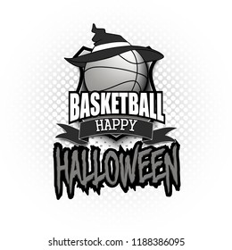 Halloween pattern. Basketball logo template design. Basketball ball with witch hat. Pattern for banner, poster, greeting card, party invitation. Vector illustration