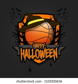 Halloween pattern. Basketball logo template design. Basketball ball in a hat on a background of spooky trees and bats with a shield. Pattern for banner, poster, party invitation. Vector illustration