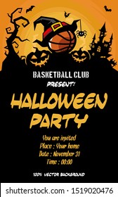 Halloween pattern. Basketball with witch hat, pumpkins, flying bats, tree and castle on the background of the moon. Pattern for banner, poster, greeting card, party invitation. Vector illustration