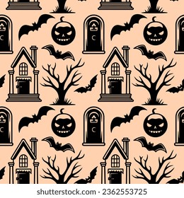 Halloween pattern with bat, castle, tree. Autumn halloween background, vector seamless pattern.