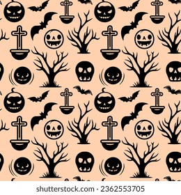 Halloween pattern with bat, pumpkin, scull, tree. Monochrome halloween background, seamless pattern.