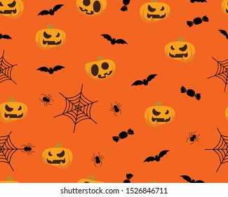 Halloween pattern with bat, pumpkin, spider, candy orange background. pattern design, vector illustration background 