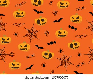 Halloween pattern with bat, pumpkin, spider, candy orange background. pattern design, vector illustration background 