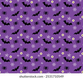 Halloween pattern with bat, spider and eyes. Colored vector illustration.