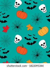 Halloween pattern with bat spiders and skull
