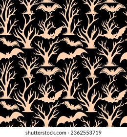 Halloween pattern with bat, tree. Monochrome dark halloween background, vector seamless pattern.