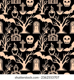 Halloween pattern with bat, trees. Dark halloween background, vector seamless pattern.