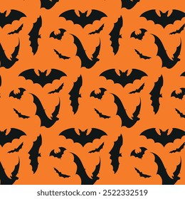 Patrón de Halloween. Patrón transparente de la nube de murciélagos de Halloween. Elegante azulejo de Vector, con una danza nocturna de siluetas de criaturas vampiro aladas sobre un misterioso fondo naranja.