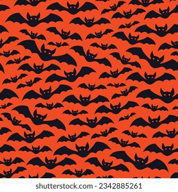 Halloween pattern with bats in the night sky for party decoration. Cute october orange background.