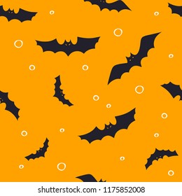 Halloween pattern with bats on orange background. Seamless vector hand drawn halloween set.