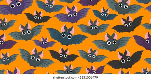 Halloween pattern. Bats print. Cute bat on dark backdrop. Bats hand drawn, cartoon style bat. Holiday colorful background. Halloween animal characters texture. Halloween background, fabric textile.