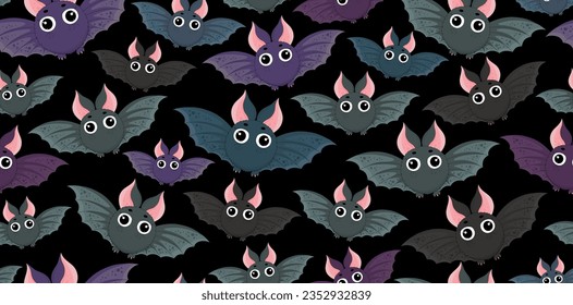 Halloween pattern. Bats print. Cute bat on dark backdrop. Bats hand drawn, cartoon style bat. Holiday colorful background. Halloween animal characters texture. Halloween background, fabric textile.