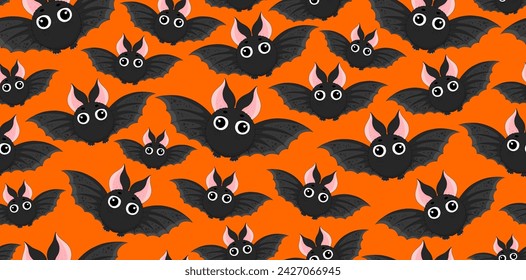 Halloween pattern. Bats print. Cute bat on dark backdrop. Bats hand drawn, cartoon style bat. Holiday colorful background. Halloween animal characters texture. Halloween background, fabric textile.