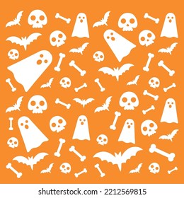 Halloween pattern of bats, skulls and ghosts on a solid background