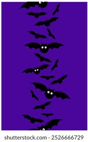 Halloween pattern. Bats vertical border. Cute bat on dark backdrop. Bats hand drawn, cartoon style bat. Halloween vector animal characters texture. Halloween background, fabric textile.
