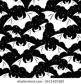Halloween pattern with bats. Pattern of white bats on a black background in grunge style. Drawn with brush strokes, splashes, blots.