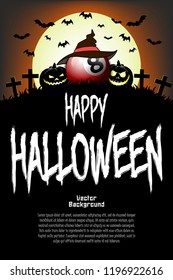 Halloween pattern. Billiard ball with witch hat, pumpkins, flying bats and crosses on the background of the moon. Pattern for banner, poster, greeting card, party invitation. Vector illustration