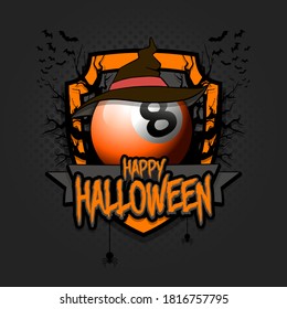 Halloween pattern. Billiard logo template design. Billiard ball in a hat on a background of spooky trees and bats with a shield. Pattern for banner, poster, party invitation. Vector illustration