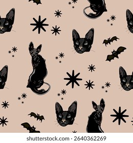Halloween Pattern with Black Cats, Stars, and Bats. Spooky Seamless Design with Black Cats on Beige