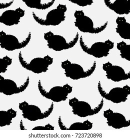 Halloween pattern with black cats.Hand drawn cats with yellow eyes.For Halloween poster,invitation cards background design.For textile,prints,fabric,wallpaper and t-shirt design.Vector illustration.