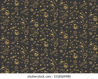 Halloween pattern black and gold. Pumpkin, bowler, spider, web, grave, candy, trick or treat, sweets, lollipops. Gift, wrap paper. Composition for banner, poster, greeting card, party invitation.