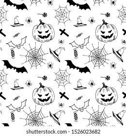 Halloween pattern. Black hand drawn objects on a white background. Seamless vector backdrop.