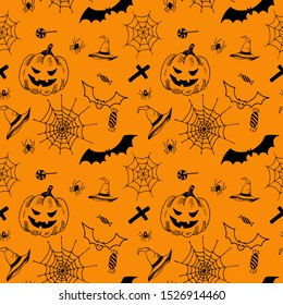 Halloween pattern. Black hand drawn objects on orange background. Seamless vector backdrop.