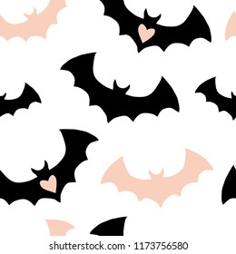 Halloween pattern with black and pink bats and hearts. Vector witch magic texture. Hand drawn, doodle, sketch magician background. Cute mystery characters