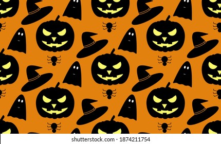 Halloween-Muster mit schwarzem Kürbis, Hexenhut, Geist und Spinne auf orangefarbenem Hintergrund. Nahtlose Textur