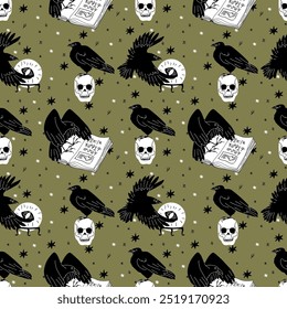 Halloween pattern with black raven and magic items