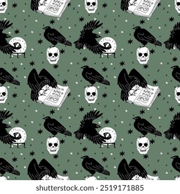 Halloween pattern with black raven and witchcraft items