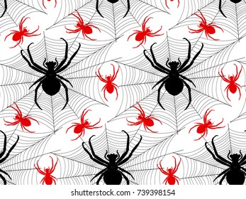 Halloween pattern with black and red spiders and cobwebs