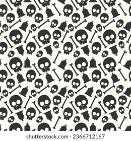 Halloween pattern with black and white halloween skull tombstone and bones