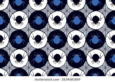 Halloween-Muster mit blauen und schwarzen Cartoon-Spinnen und Spinnennetz im kreisförmigen Raster einzeln auf weißem Hintergrund. Kuriose und unheimliche Spinnenelemente ideal für Druck, Web, Mode, Karten, Verpackung