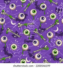 Halloween pattern with bones, human eyeballs with drops of green goo, slime, silhouette of stars, crescent, bat, cat, spiderweb behind. Bright green and purple colors. Random composition.