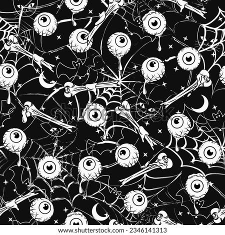 Halloween pattern with bones, human eyeballs with drops of goo, slime, stars, crescent, silhouette of distorted spiderweb behind. Black and white illustration. Random composition.