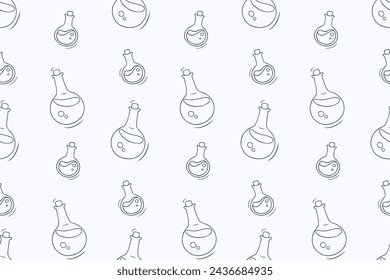 Halloween pattern with bottles with magic potion, poison, elixir. Sketch background with witch glass jars, vintage alchemy and apothecary bottles with potions, vector hand drawn seamless pattern